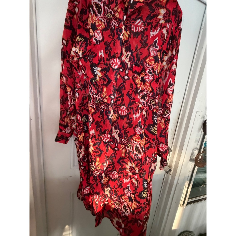 Jessica London Red Floral Ikat ButtonFrontTunic Blouse Plus Size 28W Long Sleeve